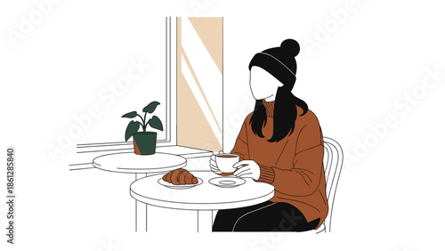 Young woman enjoying coffee and croissant at table by window  