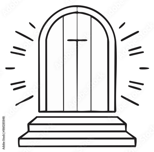 Archway Door with Steps and Radiant Light Rays Symbolizing Opportunity and New Beginnings