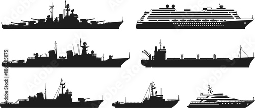 Set of four black silhouettes of a male artist sitting on a folding chair and drawing or painting on an easel, creative art hobby.