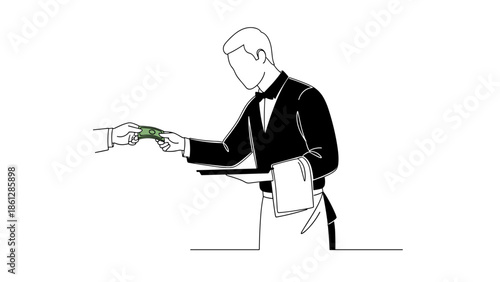 A male waiter receives a tip from a customer in cash at a restaurant.