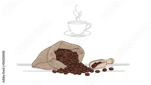 Coffee beans in burlap sack with scooper and steaming cup  