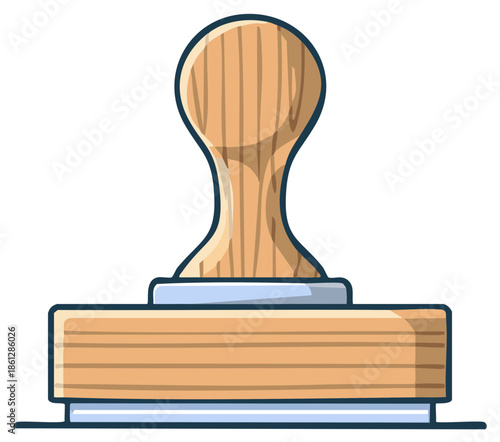 Cartoon wooden stamp for documents or letters with handle, flat vector illustration, print or office material concept