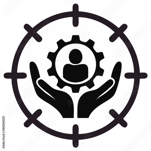 Human resources management concept hands protect employee within gear icon target focus