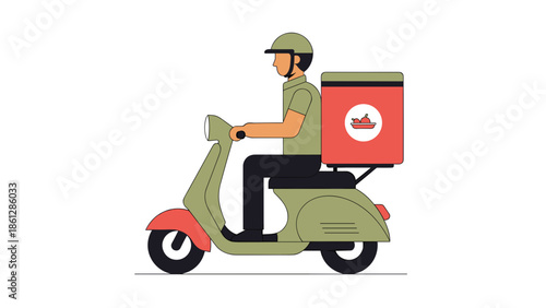 Delivery rider on scooter carrying food package in urban setting  