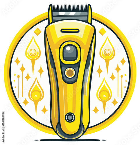 Electric Hair Clipper on Yellow Circle with Shining Accents Professional Tool Vector Illustration