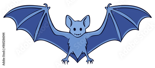 Cartoon Blue Bat Flying with Open Wings for Halloween or Spooky Theme Illustration