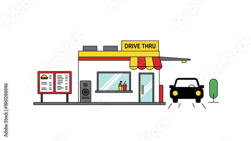 Drive-thru fast food restaurant with car in front on white background  