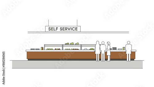 Self-service food bar with people choosing dishes in cafeteria setting  