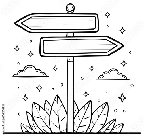 Doodle style direction signpost with blank arrow road signs pointing in opposite ways