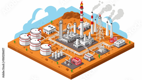 Isometric Industrial Factory Vector Illustration, Power Plant and Refinery Facilities on Desert Landscape