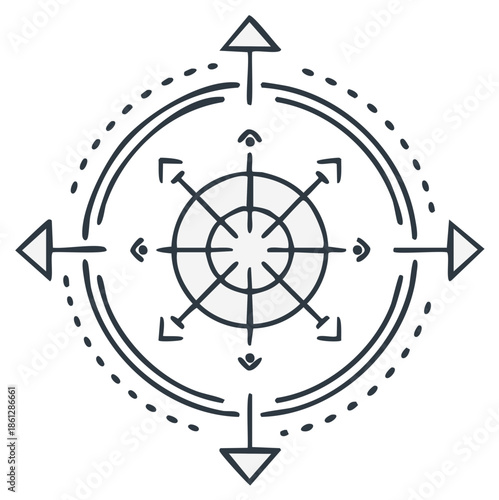 Stylized compass rose line art icon with arrows. Hand drawn symbol of direction, travel, and exploration.