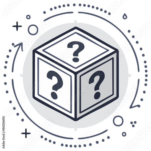Stylized isometric cube with question marks symbolizing mystery, uncertainty, and unknown.