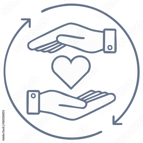 Hands holding a heart with circular arrows, care, love, support, donation line art,  charity and giving concept