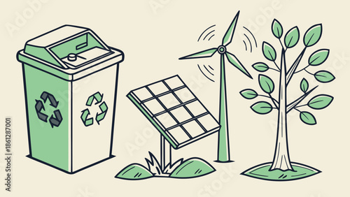 Illustration showing a recycling bin, solar panel, wind turbine, and tree representing sustainability