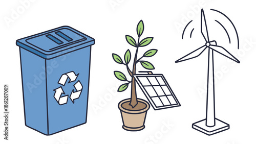 Illustration showing a blue recycle bin, a plant with a solar panel, and a wind turbine for clean energy