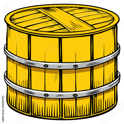 Cartoon style illustration of a closed yellow wooden barrel with metal straps for storage or decoration in a vector image
