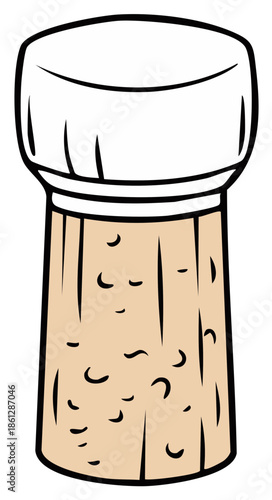 Vibrant cartoon illustration of a classic champagne cork with a white foil cap, ready to pop for celebration.