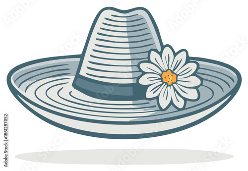Stylized Sun Hat with White Flower, Fashionable Summer Headwear, Whimsical Beach Accessory, Cartoon Illustration