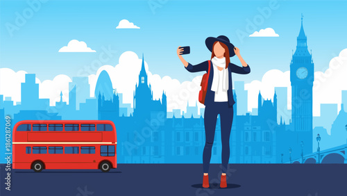 London tourist taking a selfie with iconic landmark skyline vector illustration