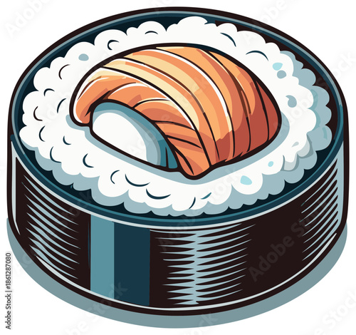 Stylized graphic illustration of a fresh Japanese salmon sushi roll