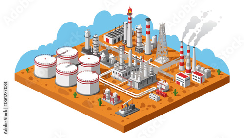 Isometric Vector Illustration of an Oil Refinery Plant with Storage Tanks and Industrial Structures