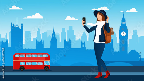 London Skyline Vector Illustration with Tourist Taking a Photo of a Red Double Decker Bus and Big Ben