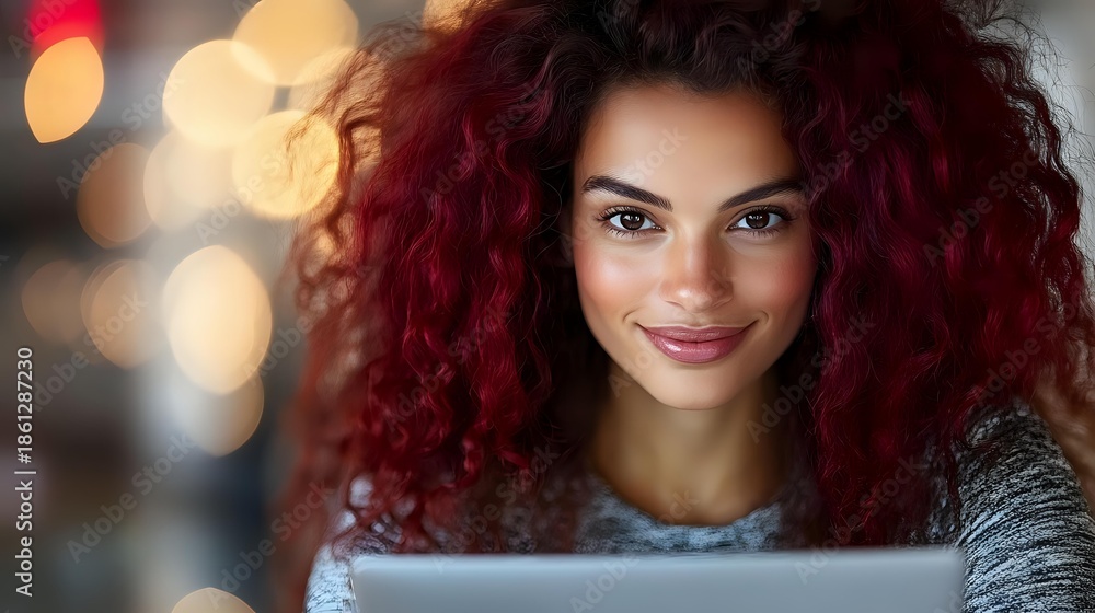 Fototapeta premium Young mixed-race woman with curly red hair smiling at camera in cozy indoor setting with warm bokeh lights background for lifestyle content.