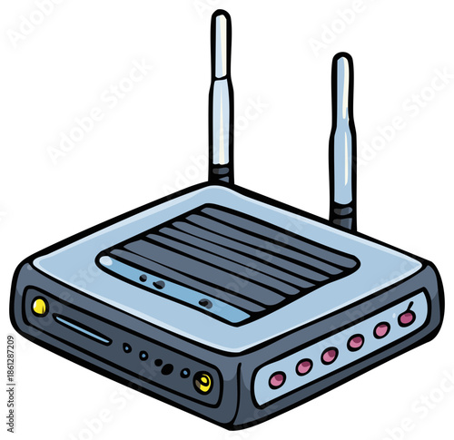 Illustration of a router for connecting to a wireless network with antenna and ports on a white background