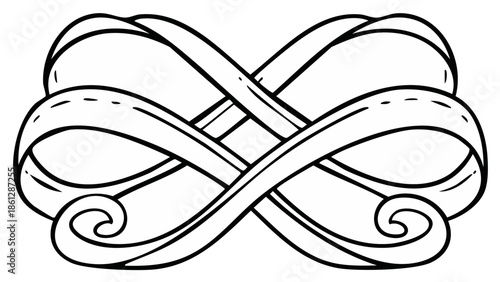 Intertwined infinity symbol formed from flowing ribbon in black and white line art design