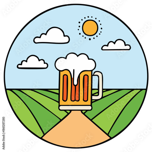 Cartoon scene with beer mug, sun, clouds and farm illustration in a circle