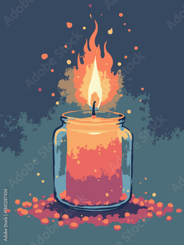 Hand-drawn illustration of a burning candle in a jar. Flame glow represented by radiating lines