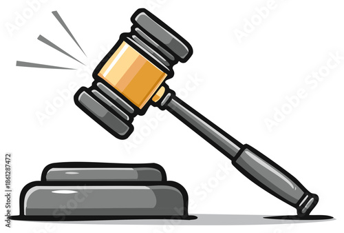 Illustrated image of a gavel striking a wooden block representing justice