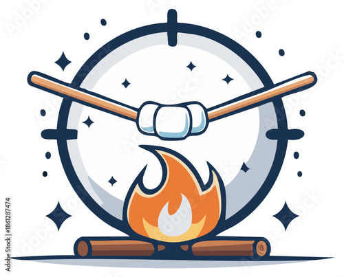 Whimsical cartoon icon of marshmallows roasting on crossed sticks over a cozy campfire