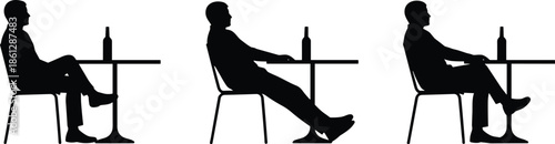 Set of man silhouettes sitting at a table with a wine bottle, relaxing in cafe, bar, or restaurant, various poses, black and white.