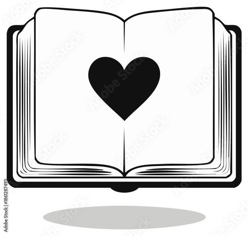 Open Book Silhouette with Heart Symbol for Love of Reading Education and Romance