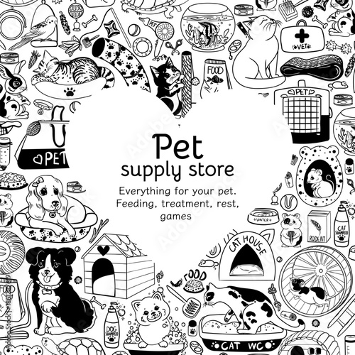 Vector frame for a pet store. Banner with pet care products. Graphic elements for feeding, treating, caring for, playing with, and relaxing cats, dogs,turtles, fish, rabbits, parrots and rodents