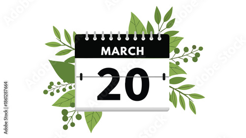 The image depicts a minimalist calendar illustration highlighting the twentieth day of March, adorned with vibrant green foliage and delicate