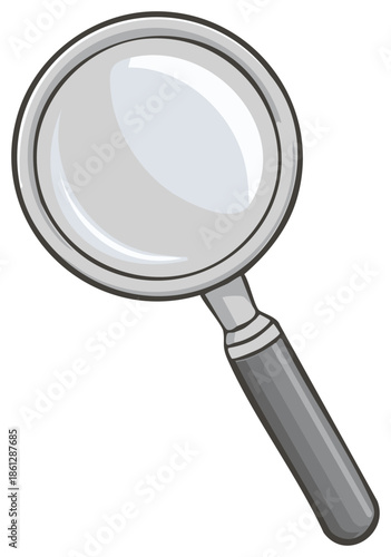 Magnifying glass with a silver rim and a gray handle isolated on a white background