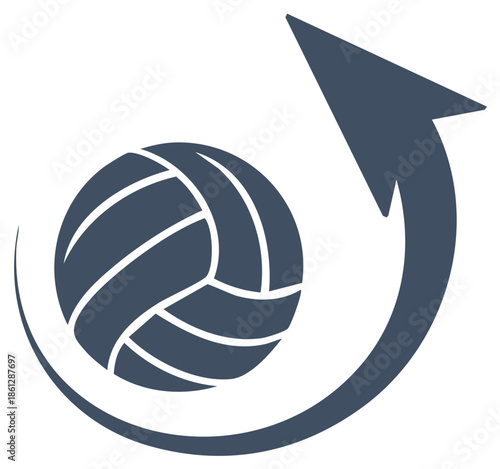 Volleyball sport icon with a dynamic swooping arrow symbolizing spin, movement, and progress