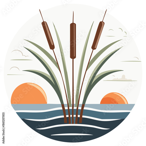 Sunset over Water with Cattails and reeds, illustration style water plants sun and waves landscape in circle