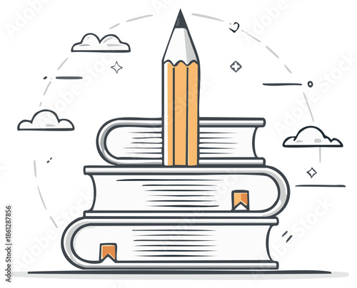Cartoon stack of books with pencil and clouds, creative design concept.