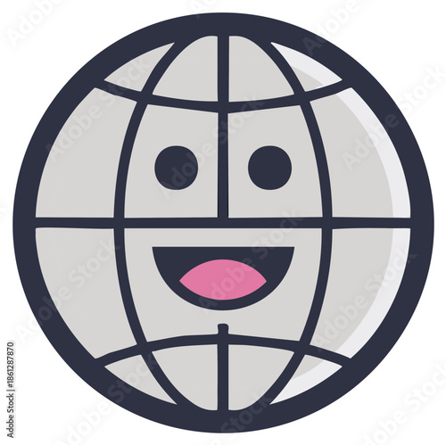 Cheerful Globe Emoji Icon with Smiling Face and Grid Lines