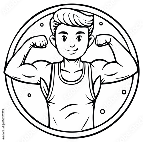 Strong man flexing muscles in round frame line art for fitness or health concept monochrome drawing with tank top