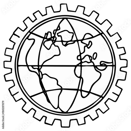 World Globe within Gear Symbol - Illustration, Line Art, Engineering Concept