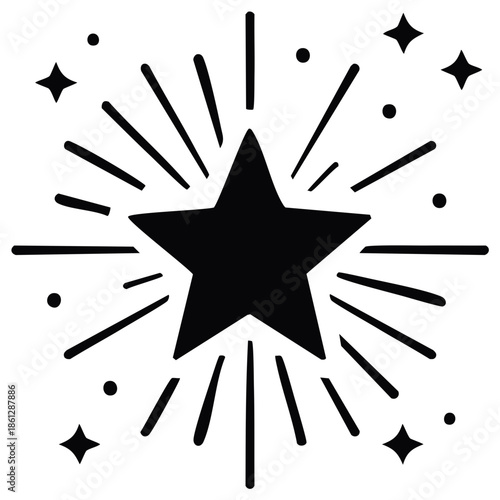Radiant Black Star Burst with Twinkling Stars and Dots