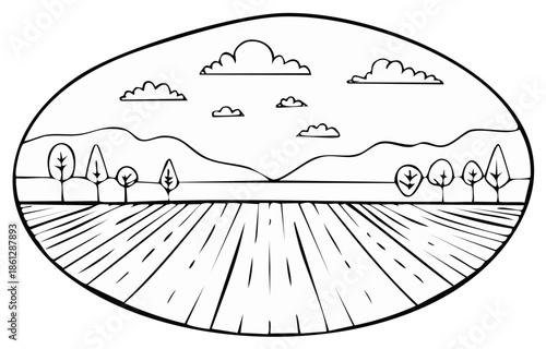 Hand drawn rural landscape with field rows stylized trees distant hills and fluffy clouds black white doodle