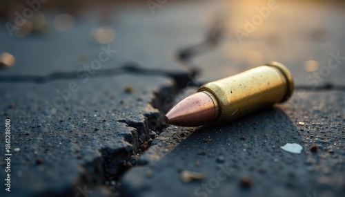 Close-up of a bullet casing lying on a cracked pavement, symbolizing the aftermath of gun violence and its devastating consequences , urban decay, public safety, problem