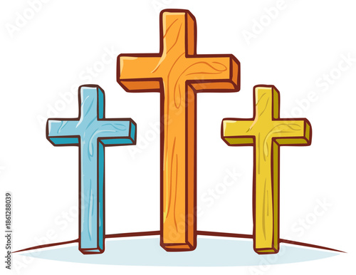 Cartoon illustration of three crosses in various colors representing religion.