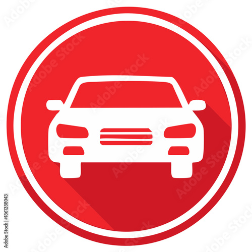 White Car Silhouette on Red Circular Badge with Shadow Road Transport Icon
