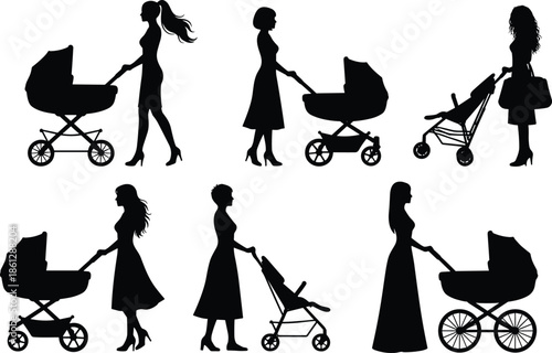 Set of Mothers with Prams and Strollers Silhouettes, Female Figures Pushing Baby Buggies, Parent, Family, New Mom, Childhood, Childcare, Walking, Lifestyle Vector.